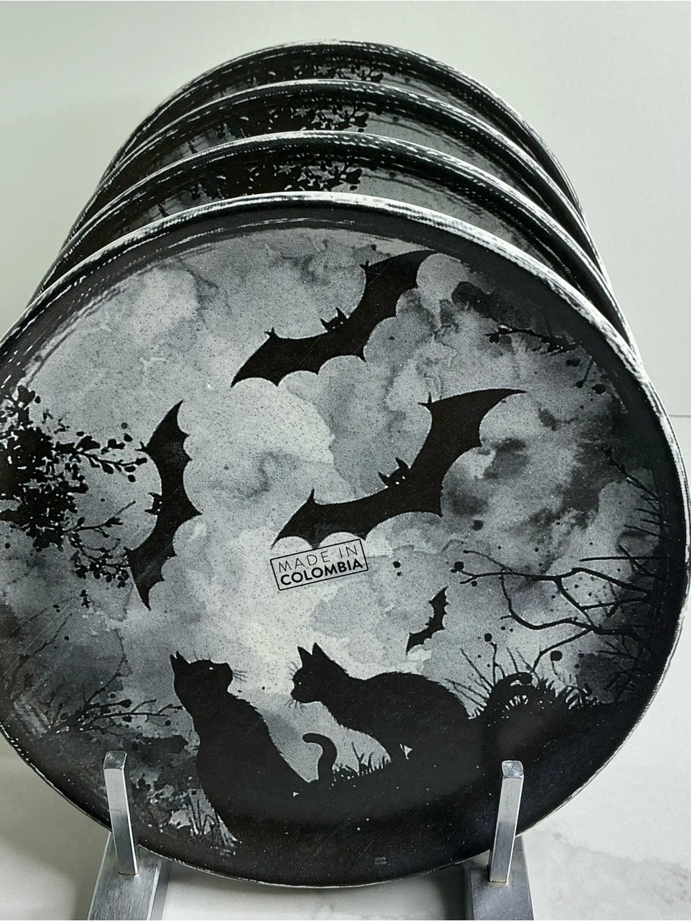 4 Corona Halloween Salad/Dessert Plates Cats & Bats 8.5” Made In Colombia New